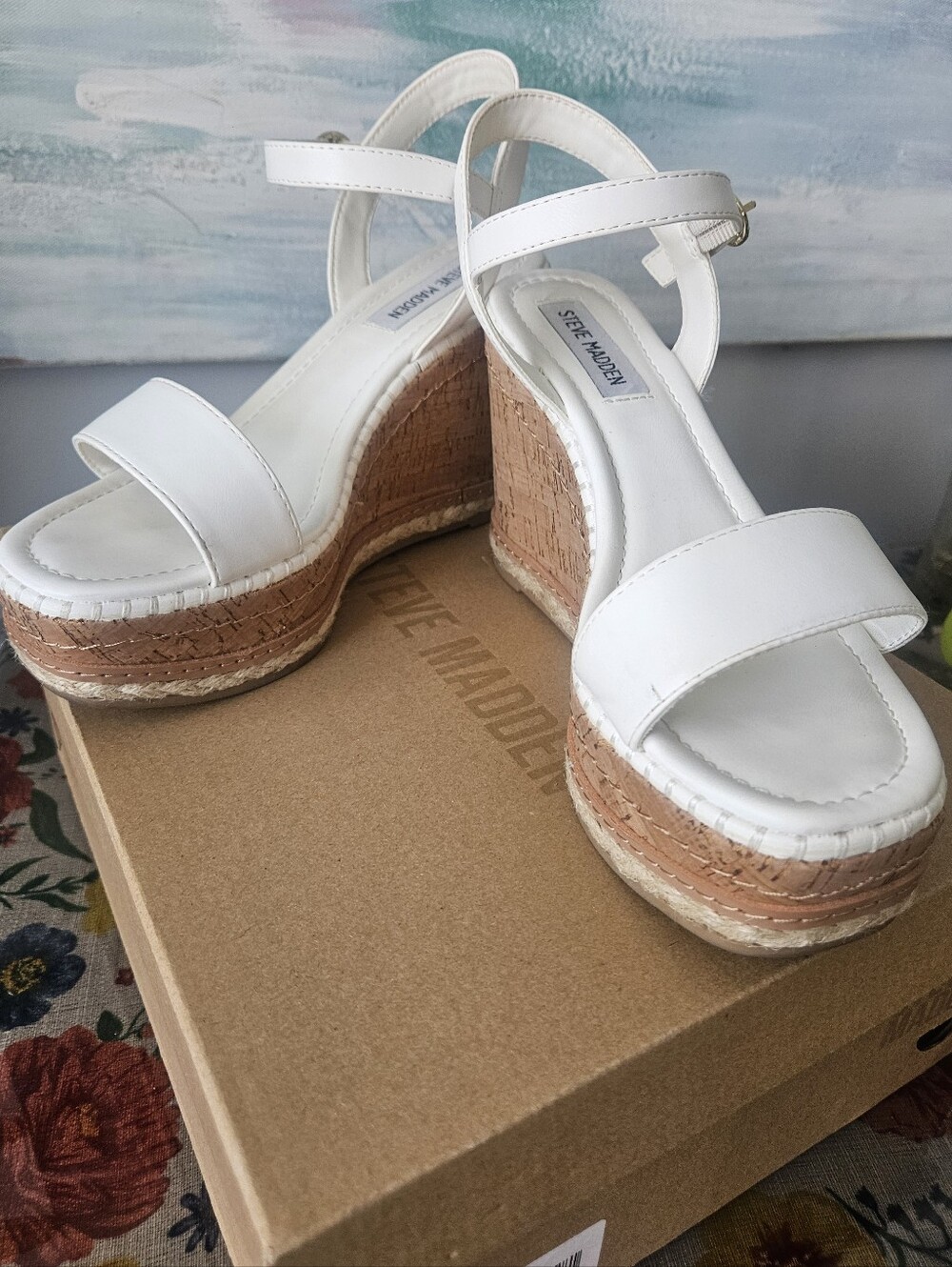 Steve Madden White Platform Cork Wedge Sandals